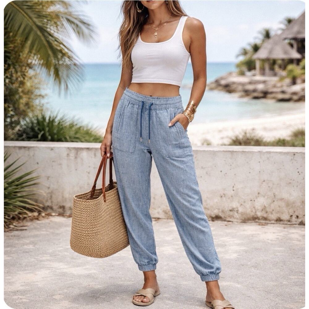 Athleta Sz4P Linen Chambray Elas Wst Drawstring Wide Leg Jogger Pkts Athleisure